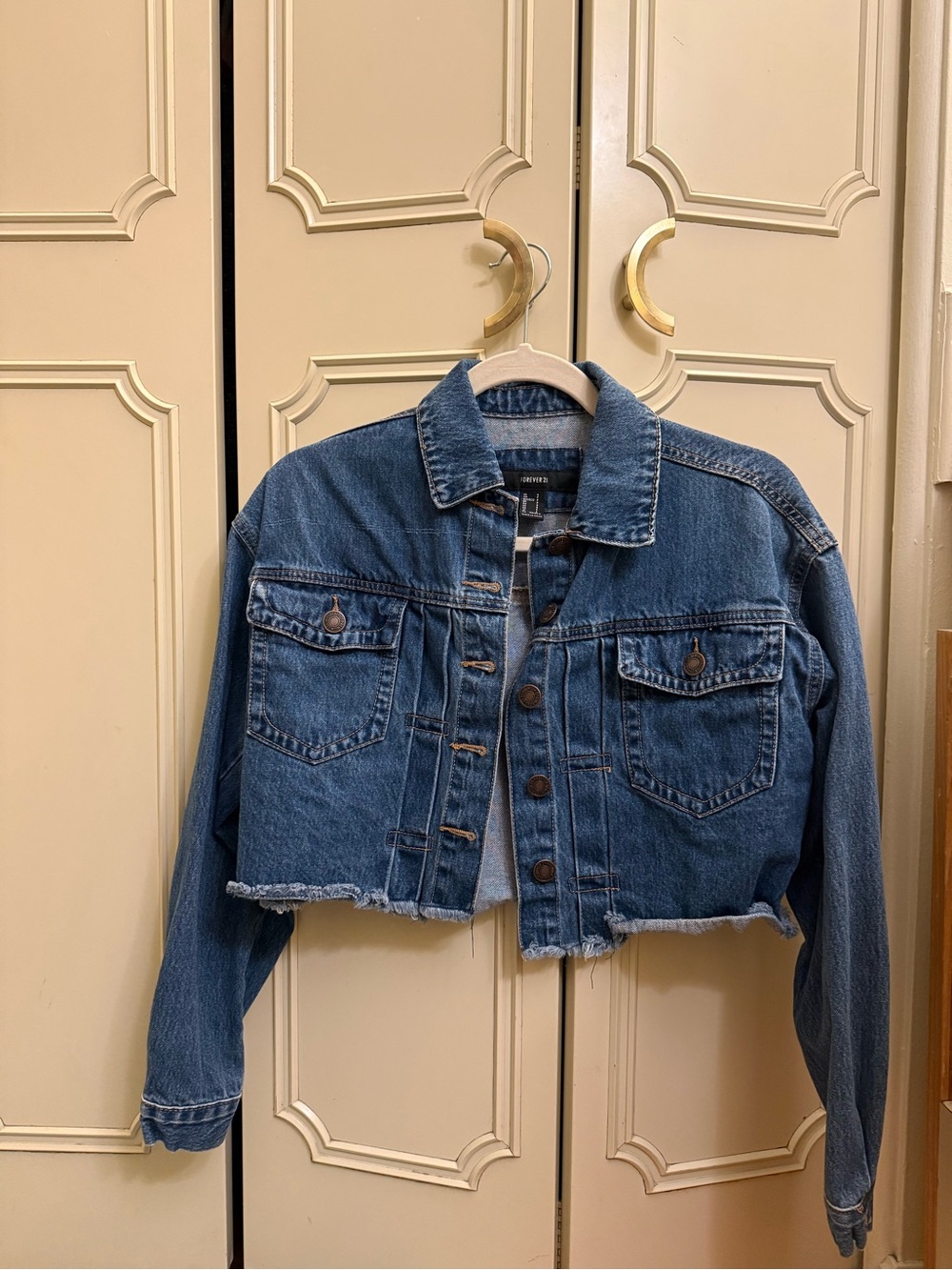 Forever 21 Cropped Dark Blue Denim Jacket Small Stretch